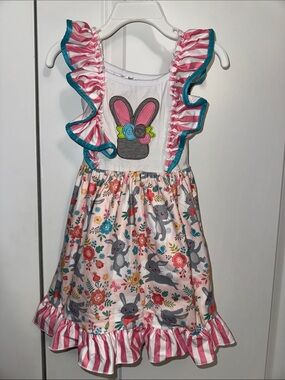 Amazon Girls White Pink Teal Floral Bunny Dress